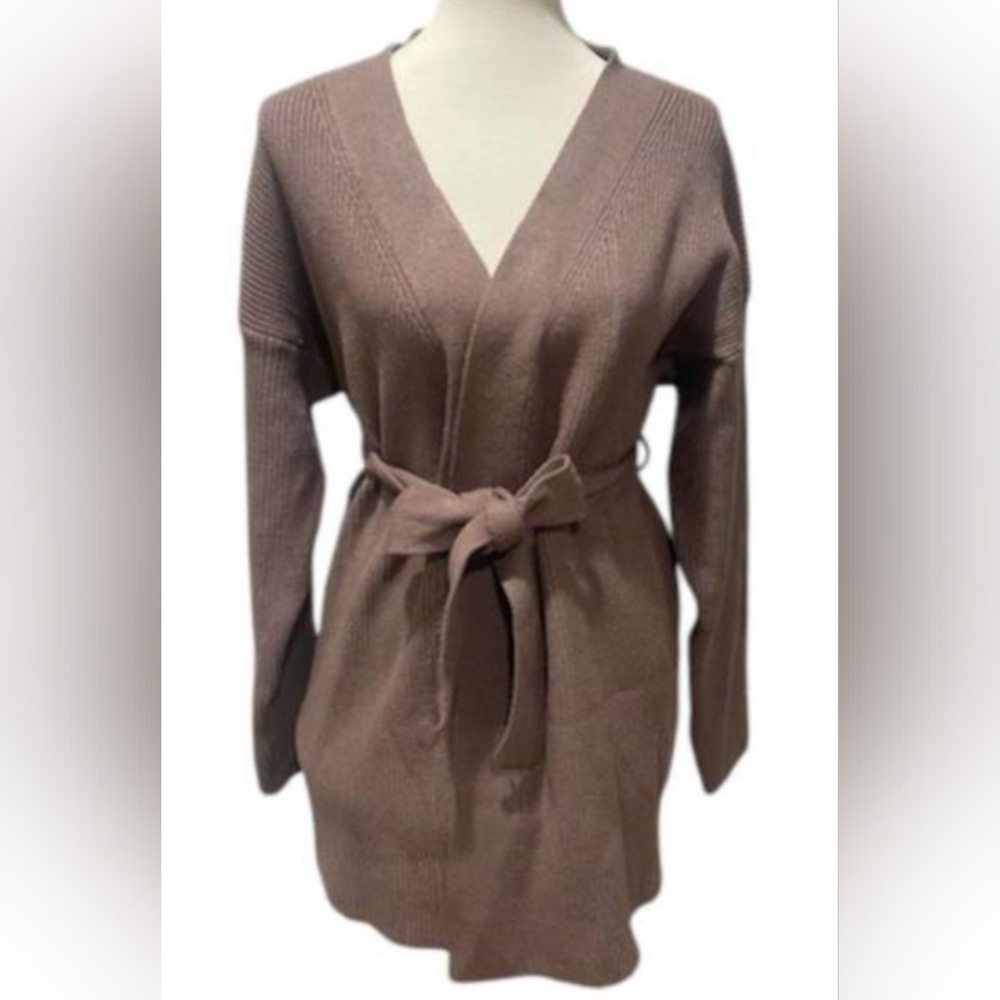 New Sage The Label Women's Wrap tie Cardigan in Toffee Ribbed Sweater Size S